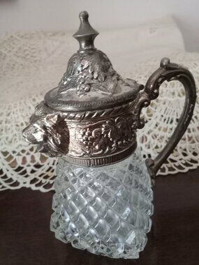 Vintage Small Glass and Metal Decanter with Lid with Lion's Head Accent